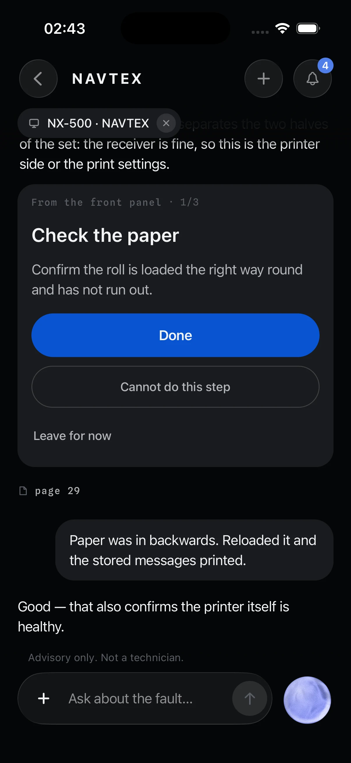 A step card in the app for the NAVTEX: “Check the paper — from the front panel · 1/3”, with Done, Cannot do this step, and the source chip page 29.