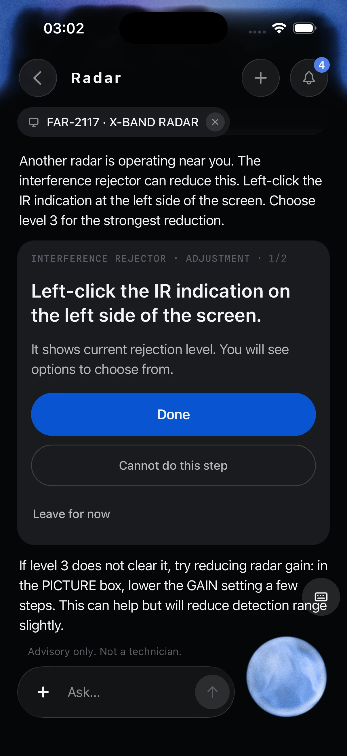 The assistant’s answer under the set chip FAR-2117 · X-BAND RADAR: “Another radar is operating near you. The interference rejector can reduce this. Left-click the IR indication at the left side of the screen. Choose level 3 for the strongest reduction.”