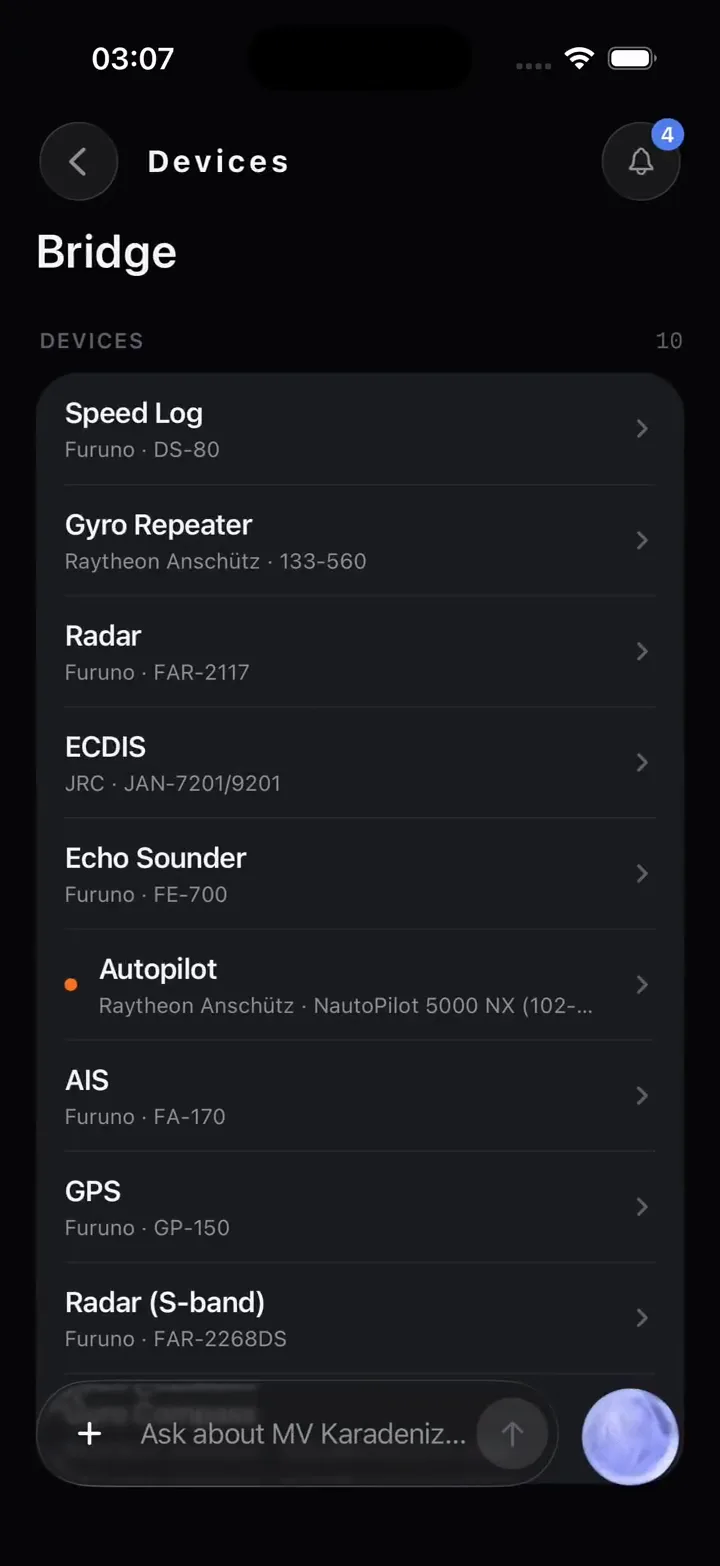The bridge in the app: DEVICES 10 — Speed Log Furuno DS-80, Gyro Repeater Raytheon Anschütz 133-560, Radar Furuno FAR-2117, ECDIS JRC JAN-7201/9201, Echo Sounder Furuno FE-700, Autopilot Raytheon Anschütz NautoPilot 5000 NX.