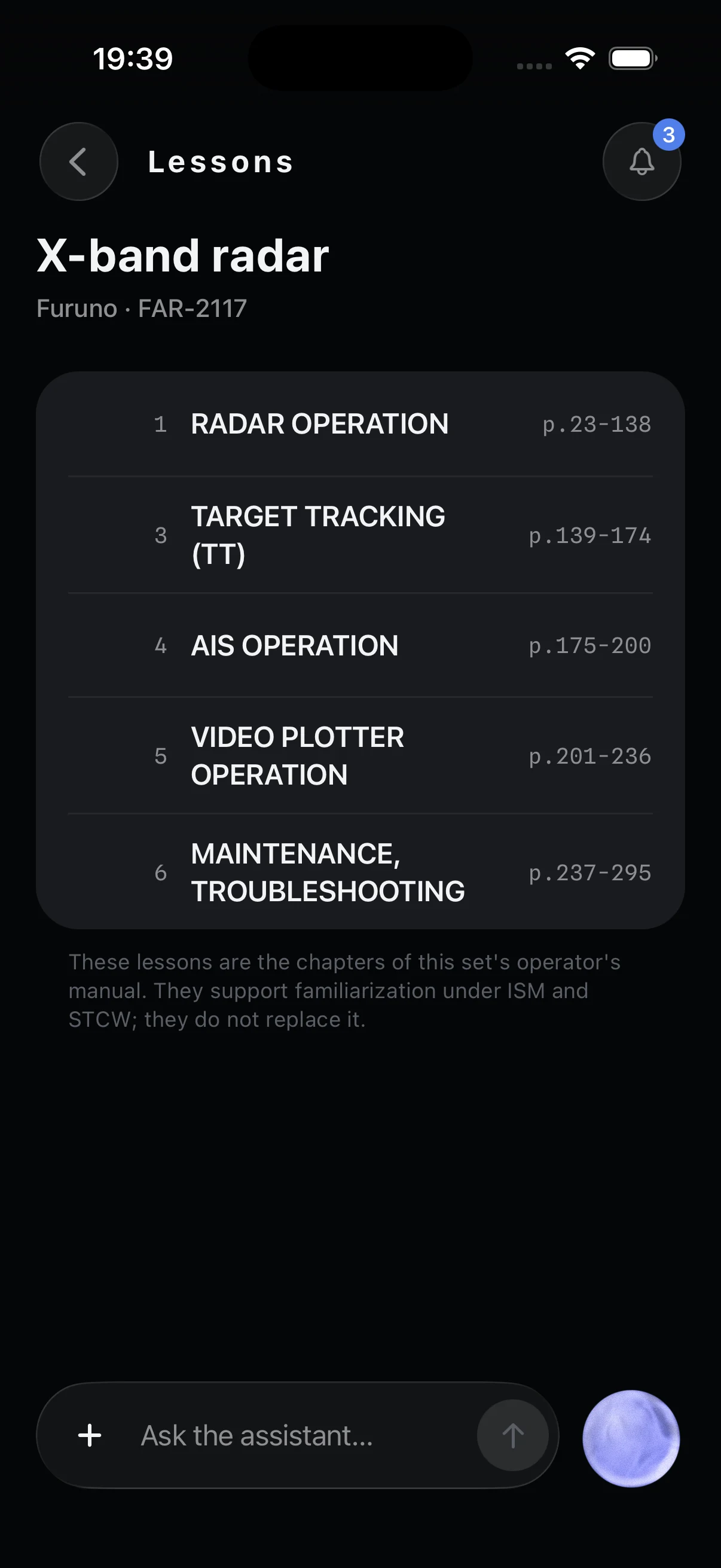 The lesson list for the X-band radar: RADAR OPERATION p.23-138, TARGET TRACKING (TT) p.139-174, AIS OPERATION p.175-200, VIDEO PLOTTER OPERATION p.201-236, MAINTENANCE, TROUBLESHOOTING p.237-295 — and the line “These lessons are the chapters of this set’s operator’s manual. They support familiarization under ISM and STCW; they do not replace it.”