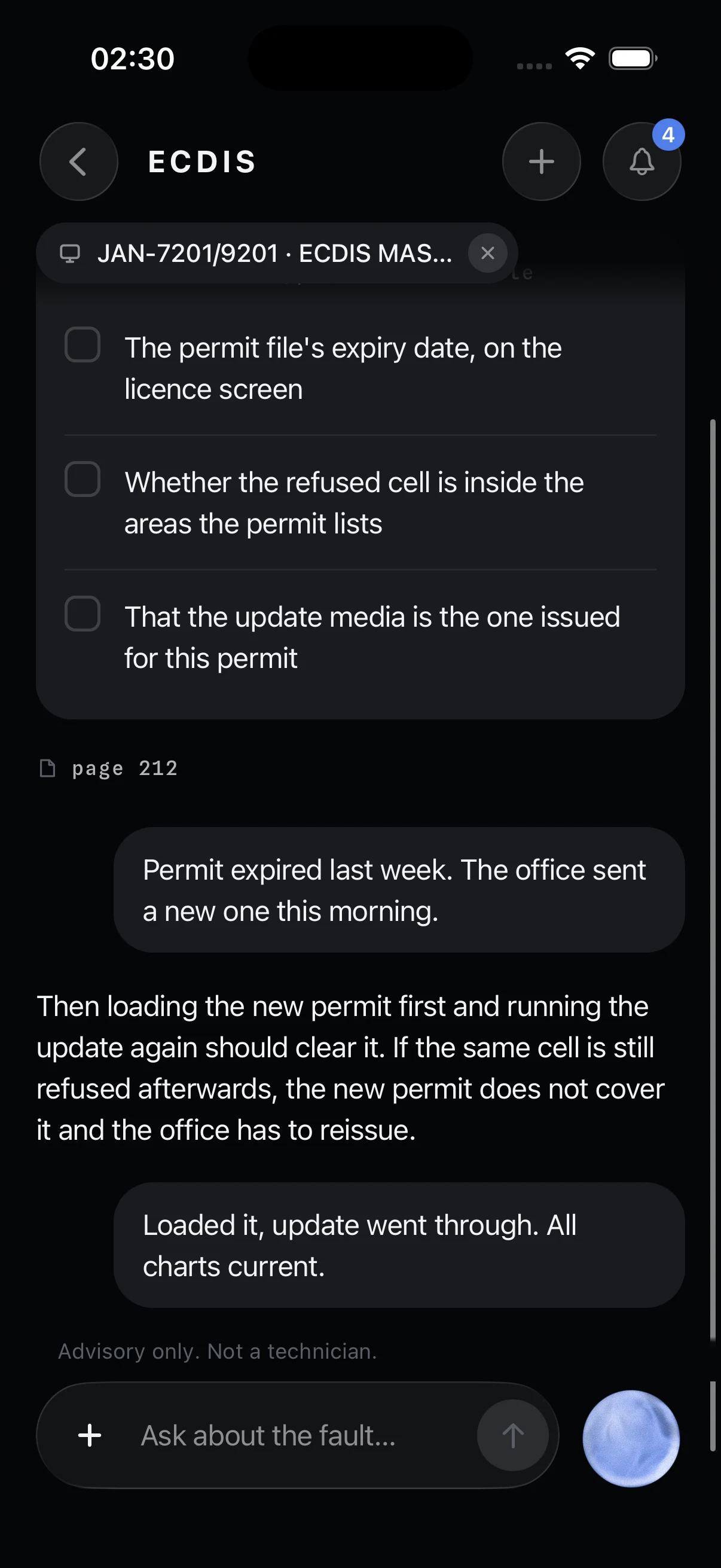 In the app: a checklist of three permit checks, the source chip “page 212”, and the crew’s reply — “Permit expired last week. The office sent a new one this morning.”