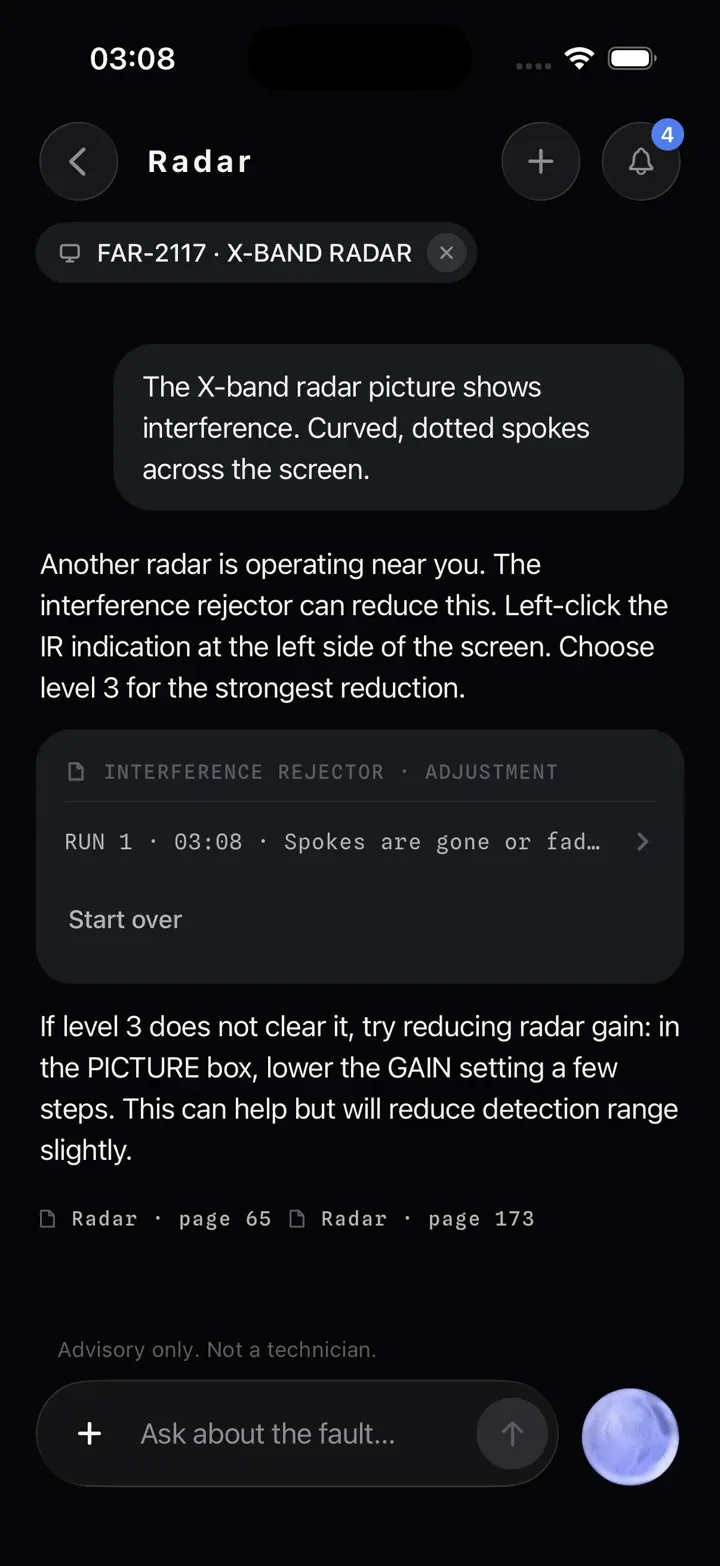 In the app: the set chip FAR-2117 · X-BAND RADAR, and the crew’s own message — “The X-band radar picture shows interference. Curved, dotted spokes across the screen.”